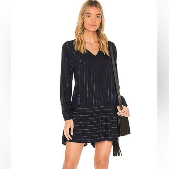Rails Lydia Panama Stripe Long Sleeve Navy Metallic Mini Dress Size Large - Picture 1 of 11
